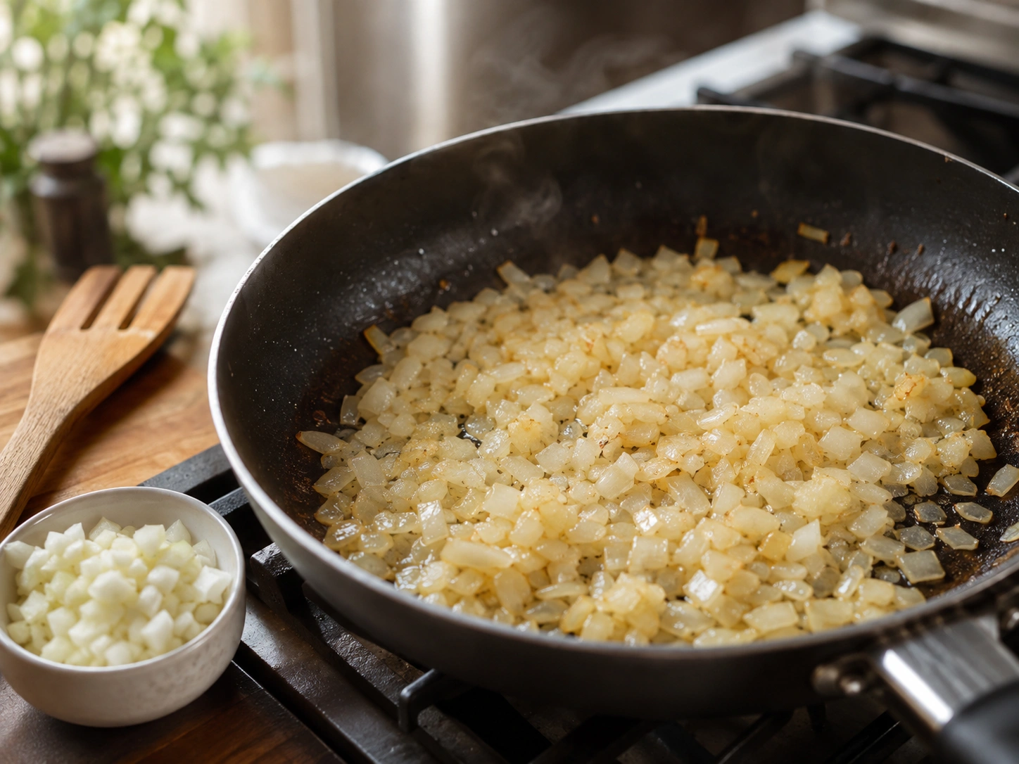 Diced onion softening in a frying pan